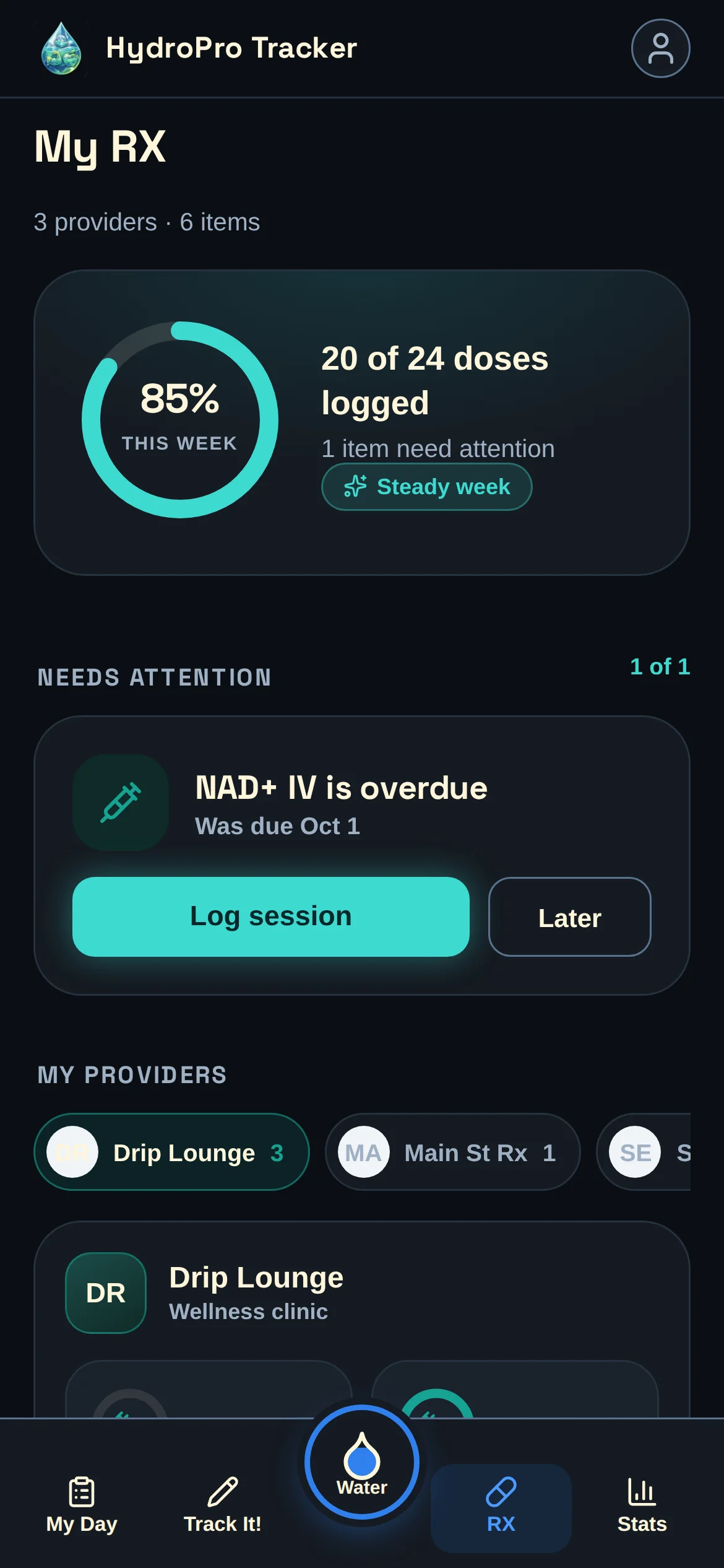 HydroPro Tracker's RX screen: the week's doses, an item that needs attention, and treatments grouped by provider